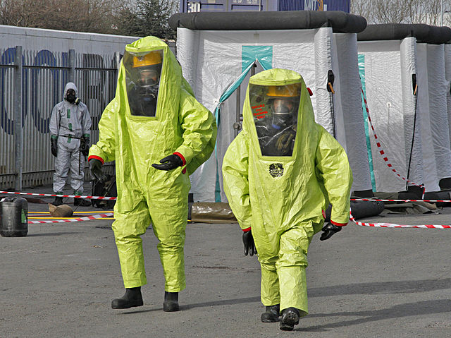 Members of the Irish Defence Forces and Dublin Fire Brigade at a CBRNE training exercise