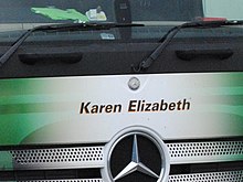 Karen Elizabeth name on a Mercedes-Benz Actros in 2013 Eddie Stobart GK62OZH (H8651 Karen Elizabeth) (8750733599) (cropped).jpg