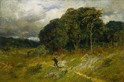 A pastoral oil painting. In the foreground, a small figuring carrying an ax over its shoulder holds onto its hat in a high wind as it makes its way along a country path. In the background, several trees are bent by the wind and the sky above, while still somewhat sunny, contains dark clouds on the horizon.