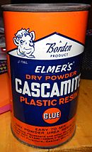Elmer's Cascamite Glue. "Easy to mix, dry powder urea resin glue, for wood, fiberboard, and other porous materials" had to be mixed with water. Elmer's Cascamite glue by Borden's.jpg