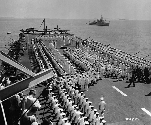 The Minister of Defence, Earl Alexander, inspects HMS Ocean off Korea in 1952.
