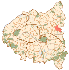 Kaart van de binnenste buitenwijken van Parijs, met het grondgebied van Gagny in het rood.