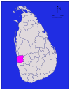 Area map of Gampaha District, extending inwards from the west by south west coast in a rough square shape, in the Western Province of Sri Lanka