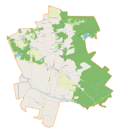 Mapa konturowa gminy Gowarczów, po lewej nieco u góry znajduje się punkt z opisem „Skrzyszów”