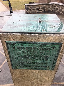 A plaque commemorating the location of the Gummere Observatory on the Haverford Campus. It reads "This stone marks the site of the Observatory of John Gummere (1784-1845). Erected about 1834." Grummere Observatory Plaque.jpg