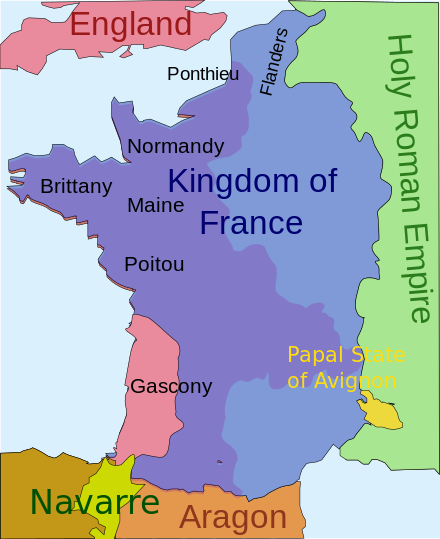 1330年的法蘭西王國  1214年由法蘭西王室控制  1330年前曾受英格蘭控制  1330年英格蘭所屬領地