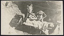 Australian Field Ambulance treating wounded soldier at Gallipoli. World War 1 1915 H84.356/26 State Library Victoria H84 356 26 Laidlaw Gallipoli SLV.jpg