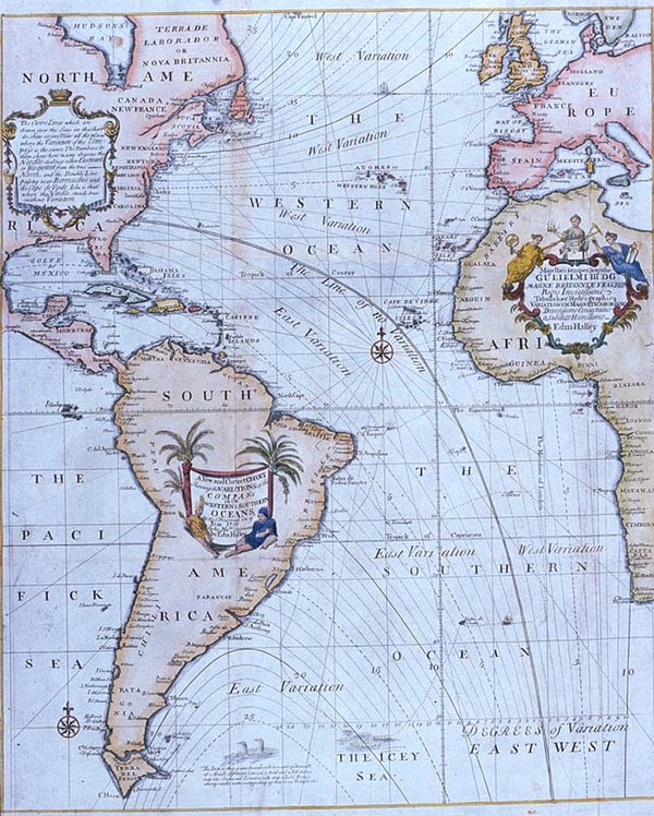 Edmond Halley's New and Correct Chart Shewing the Variations of the Compass (1701)