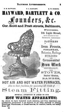 Hayward, Bartlett & Co. advertisement circa 1860 - showing the company's diverse iron products Hayward, Bartlett & Co. Foundry Advertisement - Baltimore, Maryland - ca. 1860.png