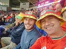 Wales football fans wearing bucket hats Het Fwced Cymru.jpg