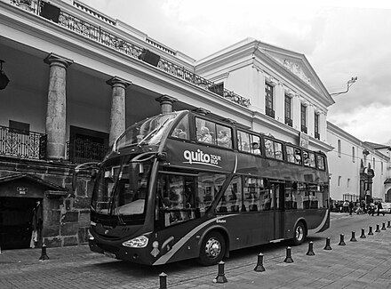 Double Decker Bus in the Historic Center of Quito, UNESCO World Heritage Site