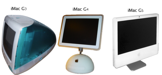 מחשבי IMac. הראשון, משמאל, הוצג ב-1997, זמן קצר אחרי חזרתו של סטיב ג'ובס לחברת אפל, והיה המוצר הראשון שפותח תחת הנהגתו.