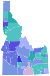 Results by county:
Jordan
80-90%
70-80%
60-70%
50-60%
40-50%
Jordan/Balukoff tie
40-50%
Balukoff
50-60%
60-70% Idaho gubernatorial Democratic primary, 2018.svg