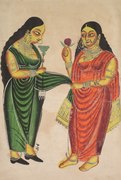 part of: Leaf from a Kalighat album: Maid bringing a hookah to a lady (recto); Krishna weighed against precious objects(?) (verso) 