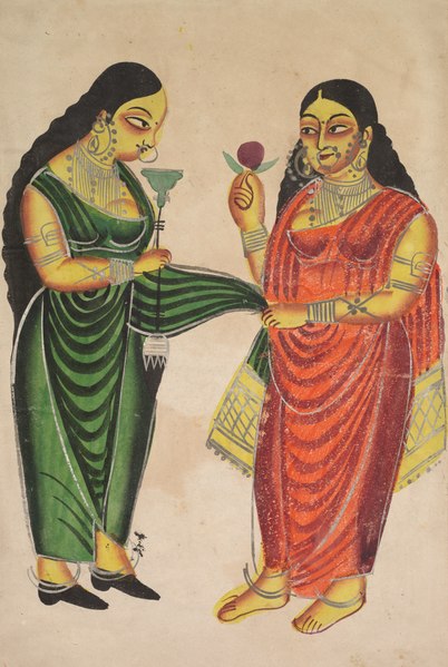 File:India, Calcutta, Kalighat painting, 19th century - Maid Bringing a Hookah to a Lady (recto); Krishna Weighted against Precious - 2003.107 - Cleveland Museum of Art.tif