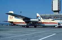 Handley Page HPR-7 Herald 214 of Janus Airways at Basle Airport, 15 April 1984 Janus Airways Handley Page Herald at Basle Airport - April 1984.jpg