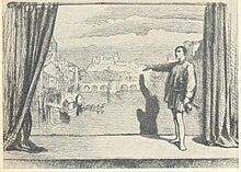 Woodcut of an actor portraying the Chorus delivering the prologue for the play Prologue.jpg