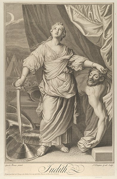 File:Judith standing and looking up, holding the head of Holofernes in her left hand and a sword in her right, tents in the background, after Reni MET DP841318.jpg