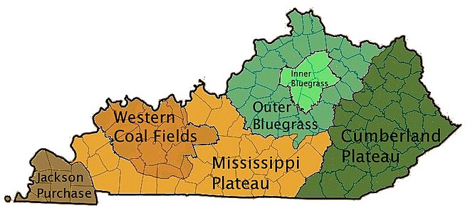 Regions of Kentucky, with the Bluegrass region in green and light green