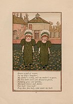 Smocked dresses worn by children in Kate Greenaway's popular books of nursery rhymes. 1881 Kate Greenaway Draw a pail of water.jpg