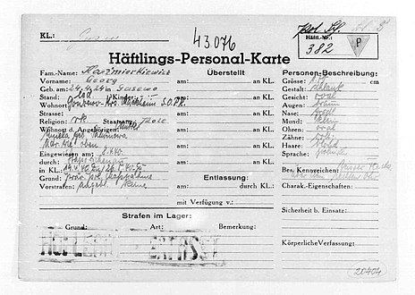 File card of the prisoner Jerzy Kaźmirkiewicz
