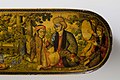 Lacquer pen box painted in Muhammad Zaman's style. Signed Haji Muhammad,[note 24] 1124 AH (1712-13 AD). Khalili Collections