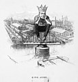 Political cartoon by W. A. Rogers depicting Eugene V. Debs, who is wearing a crown labeled "Debs American Railway Union" and sitting atop a railway swing bridge labeled "highway of trade". (1894)