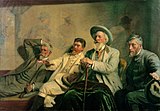 Taidetuomarit. Maalaus kuvaa taiteilijoita J.F. Willumsen, P. S. Krøyer, Laurits Tuxen ja Holger Drachmann. (tansk. Kunstdommere) (1906)