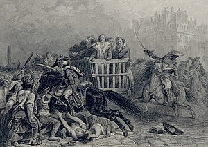 19th-century illustration of a tumbrel conveying prisoners to the guillotine La derniere charrette de Thermidor.jpg