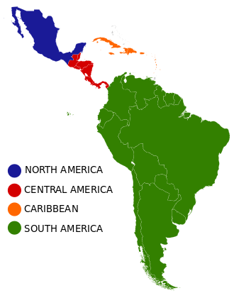 The four common subregions in Latin America Latin America regions.svg