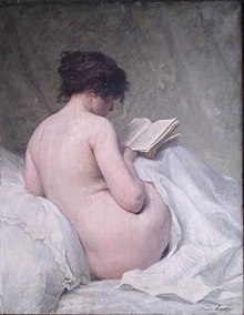 Painting of a nude woman curled up in bed reading a book