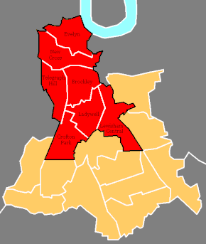 2010 wards and boundaries of Lewisham Deptford Parliament constituency (red) shown within the London Borough of Lewisham (orange) Lewisham Deptford (UK Parliament constituency).GIF