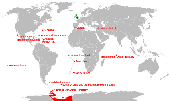 Четырнадцать Британских Заморских Территорий обозначены красным