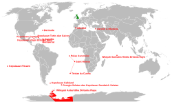 Wilayah Seberang Laut Britania Raya (merah) dan Britania Raya (hijau)