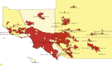 Urban areas within the Los Angeles combined statistical area as of the 2020 census. (Far eastern portions of Riverside and San Bernardino counties are cropped out).
Urban areas
Counties in the Los Angeles MSA
Counties in the Los Angeles CSA but not the MSA Los Angeles CSA urban areas.svg