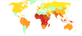 Disability-adjusted life years (DALY) lost from Malaria in 2012 per million persons.   0-0   1-3   3-6   7-7   7-62   62-443   546-828   1,652-1,652   1,956-12,572   21,168-122,980 * Countries are divided approximately by population into ten groups. * Dependencies of France, United Kingdom, United States of America, The Netherlands and Denmark are grouped with their respective countries.