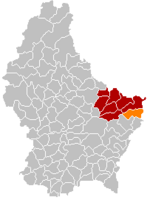 Комуна Момпах (помаранчевий), кантон Ехтернах (темно-червоний) та округ Гревенмахер (темно-сірий) на карті Люксембургу