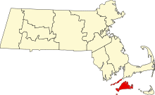 Location of Dukes County in Massachusetts Map of Massachusetts highlighting Dukes County.svg