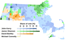 Municipal results of the Democratic primary for the United States Senate election in Massachusetts, 1984 Massachusetts United States Senate Democratic primary results by municipality, 1984.svg