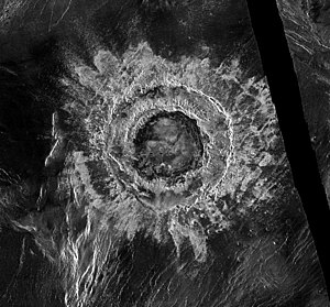 Meitner crater (Radar image from the Magellan probe. The black stripe is due to missing radar data.)