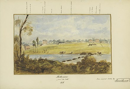 Melbourne from The Falls, 1838 by Robert Russell. State Library Victoria, Melbourne, Australia. H24528.