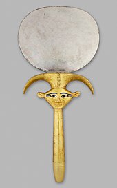 One of the mirrors with a Hathor emblem handle Mirror with Hathor Emblem Handle MET 26.8.98 EGDP020852 (cropped).jpg