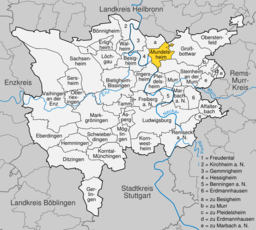 Läget för Mundelsheim i Landkreis Ludwigsburg