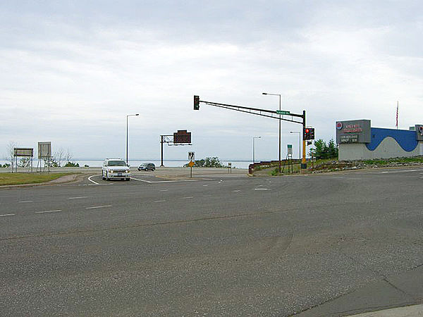 I-35's northern terminus is at this intersection with London Road (MN 61) in Duluth, Minnesota, with Lake Superior in the background.