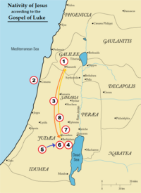 Map of the events in the Nativity of Jesus narrative found in the Gospel according to Luke.
Legend: 1. Annunciation to Mary in Nazareth. 2. Census of Quirinius (historically carried out by prefect of Judea from Caesarea) 3. Joseph and Mary travel from Nazareth to Bethlehem 4. Birth of Jesus in Bethlehem 5. Annunciation to the shepherds ('nearby' Bethlehem, Luke 2:8) 6. Adoration of the shepherds in Bethlehem 7. Presentation of Jesus at the Temple in Jerusalem 8. Joseph, Mary and Jesus return home to Nazareth Nativity of Jesus map - Gospel of Luke.png