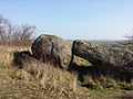 Granitrestlinge, im Hintergrund die Kirche von Wartberg