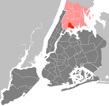 Mapa města New York zvýrazňující obvod Komunitní rady Bronxu 2 v městské čtvrti Bronx.