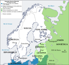 A geopolitical map of Northern Europe where Finland, Sweden, Norway and Denmark are tagged as neutral nations and the Soviet Union is shown having military bases in the nations of Estonia, Latvia and Lithuania.