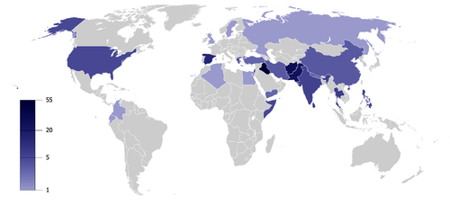 A map depicting the number of terrorist incidents occurring in the year 2009 across the world. Iraq, Pakistan, and Afghanistan are shown as having suffered the most attacks Number of terrorist incidents 2009.png