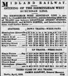 Timetable from Aris's Birmingham Gazette, 8 April 1876 Opening of the Birmingham West Suburban Line.png